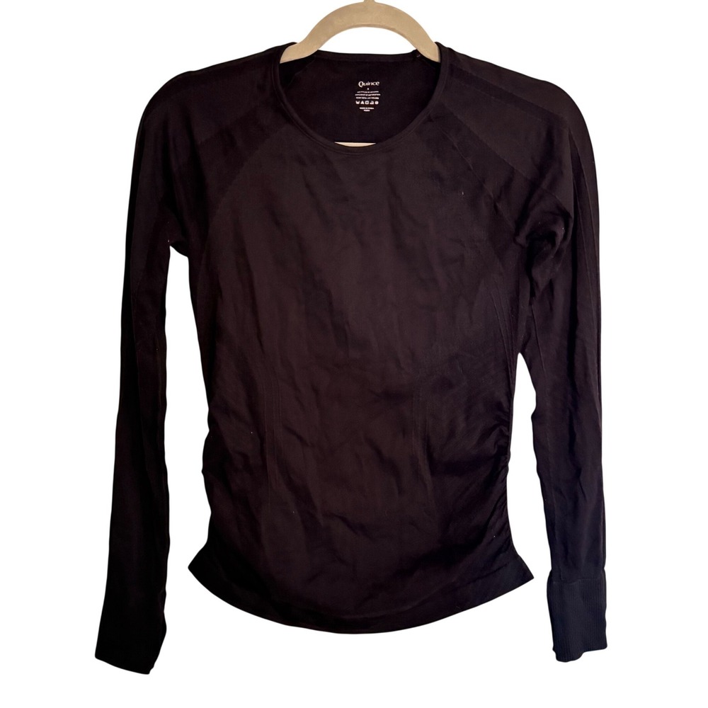 Quince Black Long Sleeve Ruched Performance Top Small Running Active Base Layer